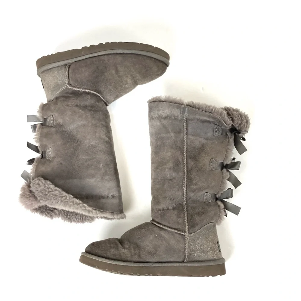 UGG Bailey Bow‎ Gray Genuine Shearling Tall Boots Women’s Sz 7
